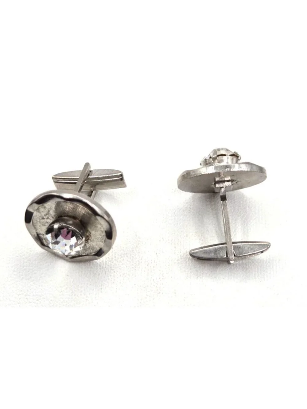 Vintage Silver-Tone Cufflinks With Clear Rhinestone Accent Round Design